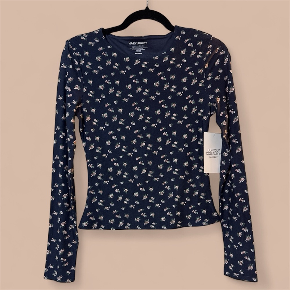 Harper & Ivy Navy Floral Long Sleeve Blouse, Size Medium, NWT